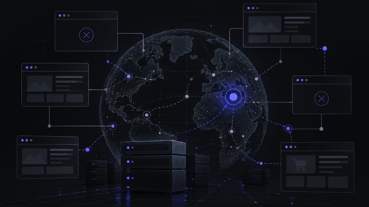 Dark illustration of a globe wired to servers and browser windows, two of which show an error cross